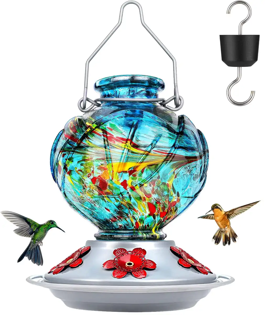 Round Hand-Blown Glass Hummingbird Feeder — Blue